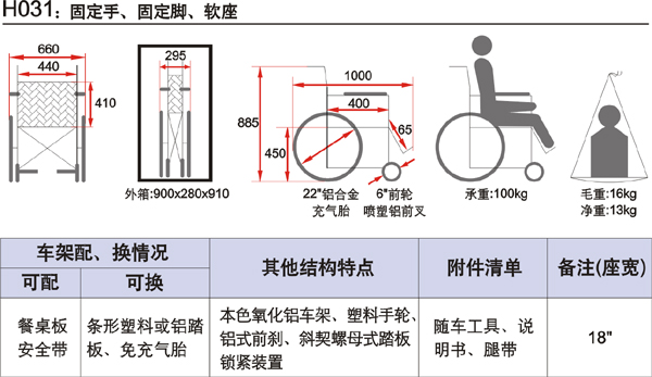 魚躍輪椅車 H031 技術(shù)參數(shù)